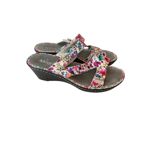 Alegria Shoes - Alegria Floral Pink Multi Wedge Slide Sandals
